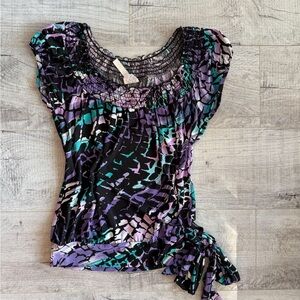 Vintage Y2K Heart Soul Purple and Teal Patterned Off the Shoulder Top